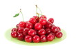 red fresh cherries on green plate