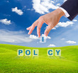 business man hand made policy word buttons