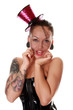 Beautiful Circus Girl in Shiny Corset and Glitter Hat
