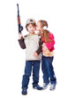 A girl is kissing a boy with the gun A girl is kissing a boy with the gun