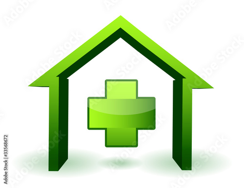 Illustration: green health house and cross green health house and cross