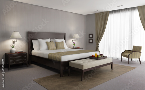 Photo: Beige chic luxury bedroom 3d rendering, side view with breakfast Beige chic luxury bedroom 3d rendering, side view with breakfast