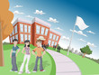 Students in front of school