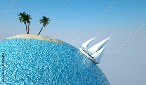Illustration: Insel und Segelboot auf Weltkugel Insel und Segelboot auf Weltkugel