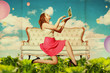 Foto: beautiful woman with book in clouds beautiful woman with book in clouds