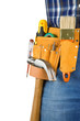 man and tools in leathern belt isolated