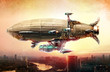 Dirigible balloon in the sky over a city
