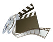 Photo : Film clapperboard and movie film reel