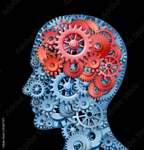 Illustration: Human brain function represented by red and blue gears Human brain function represented by red and blue gears