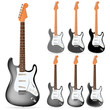 set of black electric guitars isolated on white background