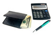 purse, dollars, pen and calculator