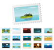 Post stamps with detailed nature landscapes. Vector.