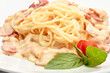 Spaghetti carbonara on a white plate