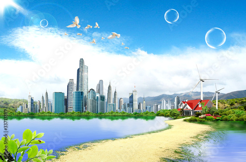 Photo: house on field. eology concept house on field. eology concept