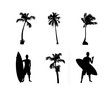 Illustration: Silhouette of palms and surfer with board Silhouette of palms and surfer with board