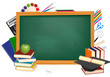 Back to school. Green desk with school supplies. Vector. Back to school. Green desk with school supplies. Vector.