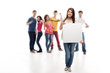 woman holding blank ad banner