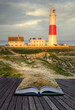 Creative concept image of lighthouse landscape coming out of pag