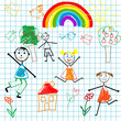 Doodle children on math page background