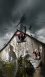 Haunted barn with ghosts flying and dark skies