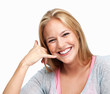 Friendly woman making call me gesture