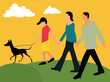 Side view of family walking with their pet