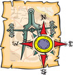 Close up view of a compass with directions made on torn sheet