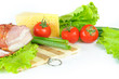 Arrangement with meat smoked bacon, tomatoes and cheese