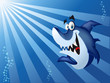 Funny cartoon blue shark swimming in blue ocean