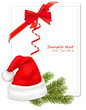 Red bow with ribbons and Santa hats and tree branches. Vector.