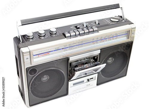 Photo: Radio cassette recorder, isolated on white, opened cassette deck Radio cassette recorder, isolated on white, opened cassette deck