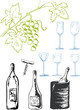 Wine bottles, glasses, bunch of grape Wine bottles, glasses, bunch of grape