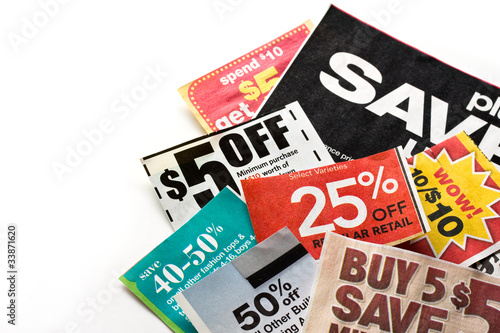 Photo: Coupons isolated on white background Coupons isolated on white background
