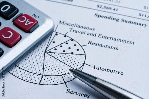 Photo: Calculator,coins and pen with credit card spending summary. Calculator,coins and pen with credit card spending summary.