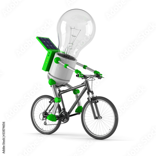 Illustration: solar powered light bulb robot - cycling solar powered light bulb robot - cycling