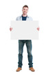 Happy guy holding placard