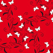 Red seamless background with flowers and butterflies