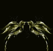 Two birds made of liquid gold kissing.