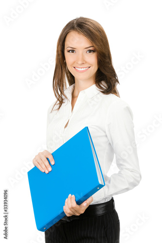 Photo: Smiling cheerful businesswoman with blue folder, isolated Smiling cheerful businesswoman with blue folder, isolated