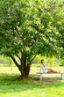 Young beauty sitting bench green tree park