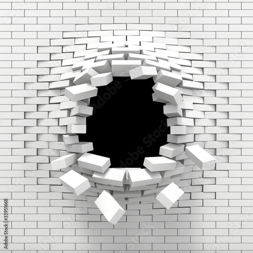 Illustration: Destruction of a white brick wall Destruction of a white brick wall