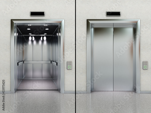 Photo: Open and closed elevator in lobby Open and closed elevator in lobby