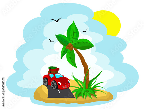 Vector: The car with the luggage under a palm tree The car with the luggage under a palm tree