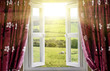 Open window with countryside view and sunlight streaming in