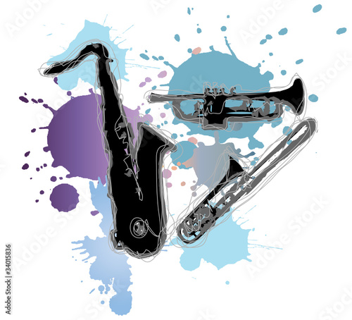 Vektor: Musikinstrumente und Farbklekse Musikinstrumente und Farbklekse