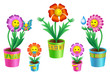 Set of cartoon flowers in pots