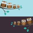 Family of owls sitting on a branch. Two variations.