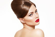 Retro beauty style. Model with glamour lips make-up, hair style