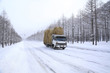 Photo: 雪道と干し草ロールを運ぶトラック 雪道と干し草ロールを運ぶトラック