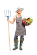 Female farmer holding a pitchfork and basket with vegetables